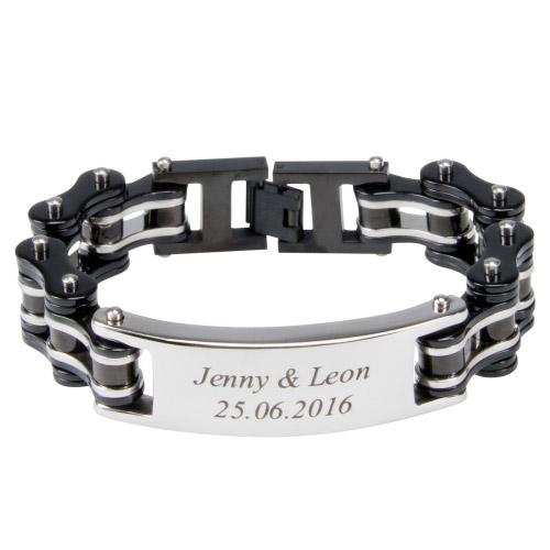 Gravur Armband Biker-Kette Herren schwarz-silber